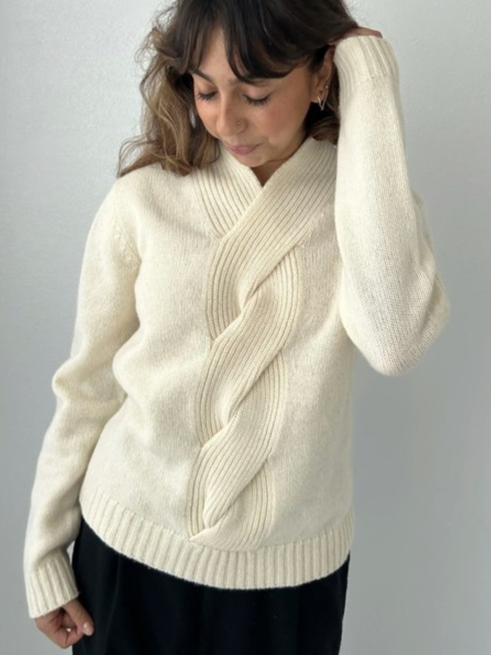 Ralph Lauren Vintage Fireside Cream Cable Front Shawl Collar Sweater